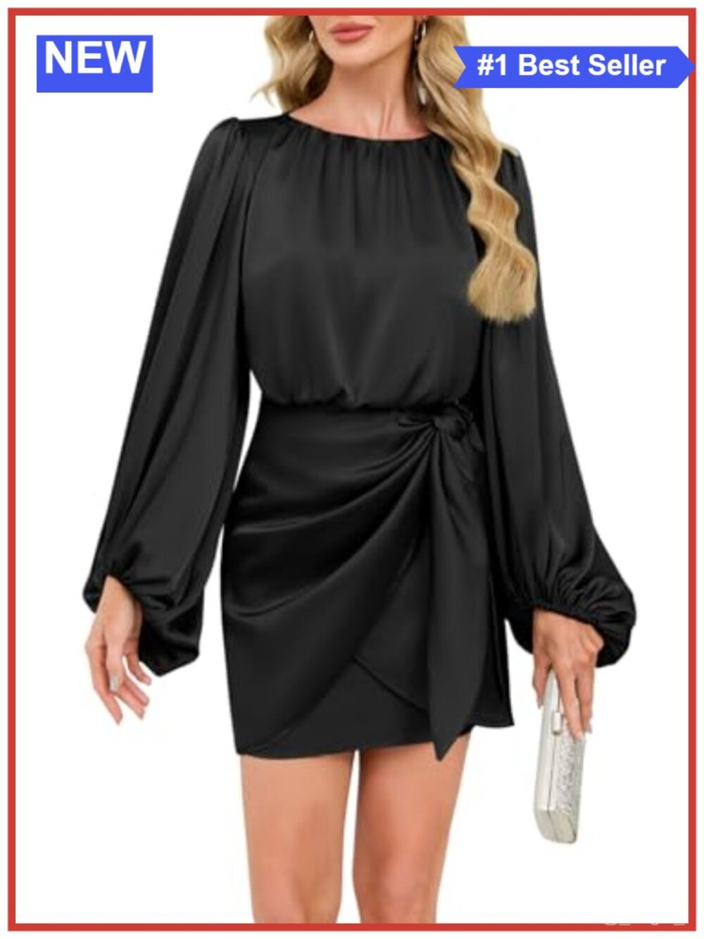 Womens Satin Cocktail Dress Long Sleeve High Neck Short Formal Party Dress